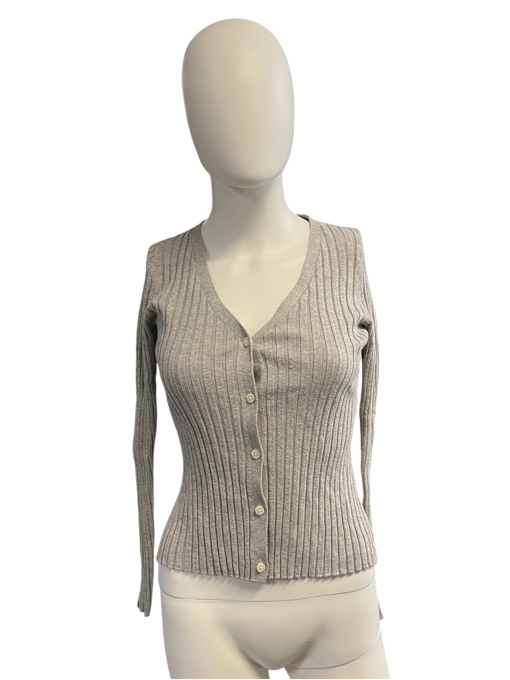 Frank & Oak Slim Ribbed V-Neck Button Cardigan — Light Taupe